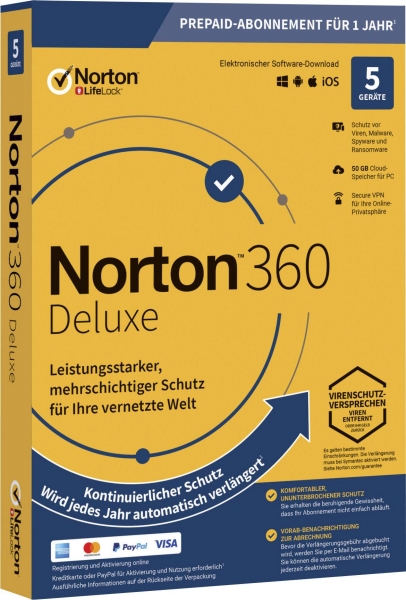 Symantec Norton 360 Deluxe, 50 GB cloud backup, 1 user 5 devices, 12 MO annual license, download